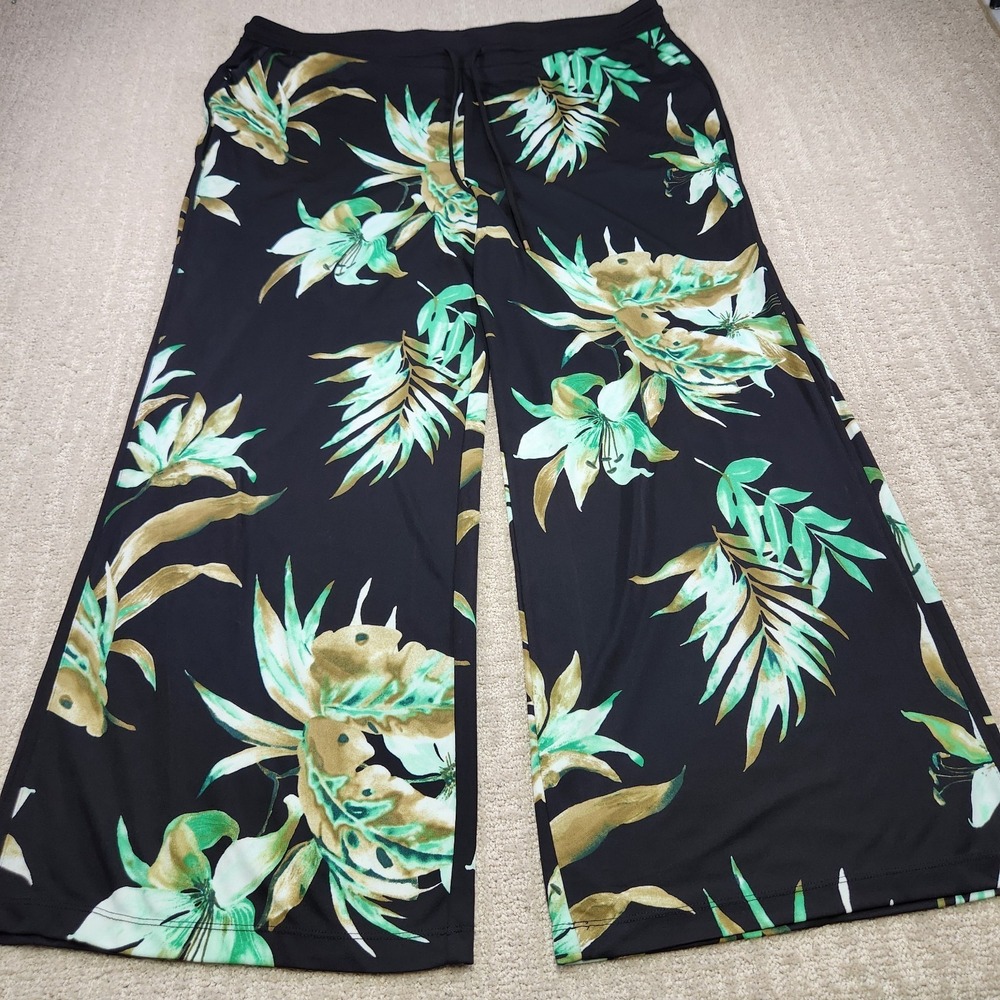 Ralph Lauren Pants Women 2X Wide Leg Floral Black Sheer Lightweight Boho